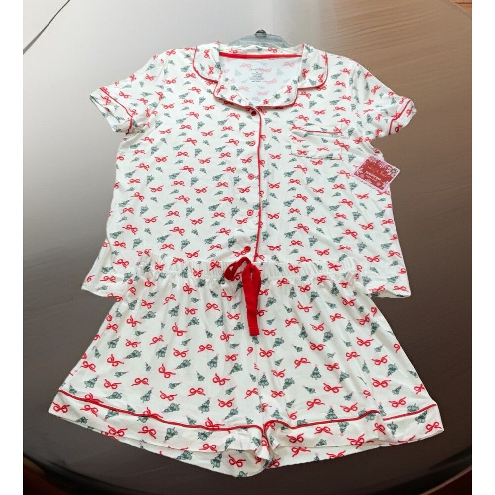 Sam & Olivia Christmas Three And Red Bows Print Women’s Pajama Set Size M